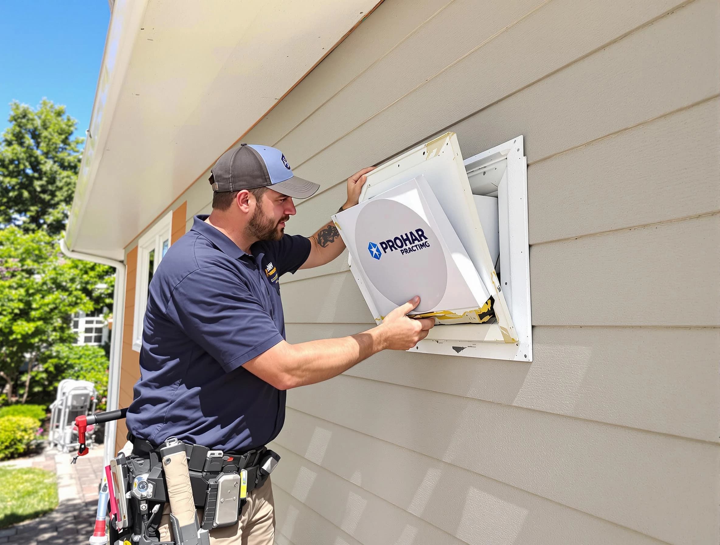 Shackle Island Dryer Vent Cleaning technician installing a new protective dryer vent cover on a home in Shackle Island